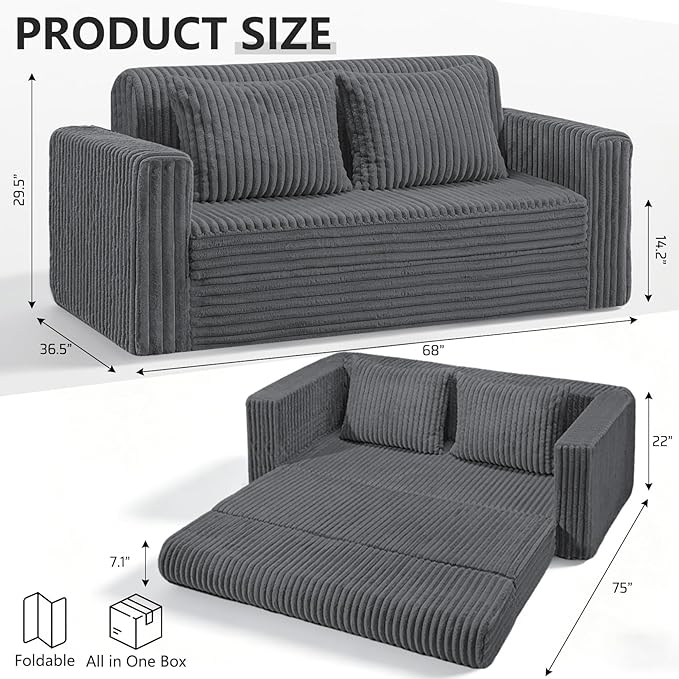 HABUTWAY 68" Loveseat Boneless Couch, 4-in-1 Convertible Sofa Bed, Plush Fur Folding Futon Sofa Bed Couches with 2 Pillows for Living Room, High-Density Foam Support, No Assembly Required, Grey
