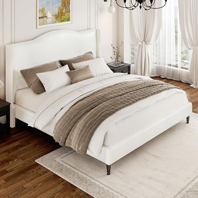 King Upholstered Bed Frame with Tall Headboard, Leather Platform Bed with Wingback Sides, Wood Slats Support, Noise-Free Design, No Box Spring Needed, Easy Assembly, White
