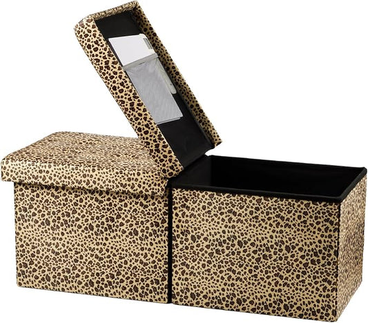 Bsketa Storage Ottoman Bench with Folding Lid Ⅲ, Foot Stools Opens on Both Ends, Footrest Foldable Velvet Chest for Living Room, Bedroom, Entryway, End of Bed Storage Blanket Ottomans Leopard Print