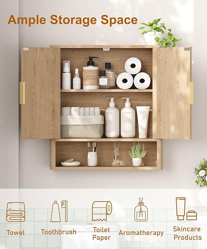 27.6"H Bathroom Wall Storage Cabinet with 2 Fluted Doors, Modern Medicine Cabinet with Adjustable Shelf, Curved Over the Toilet Storage Cabinet for Laundry Room, Kitchen & Living Room, Natural Oak