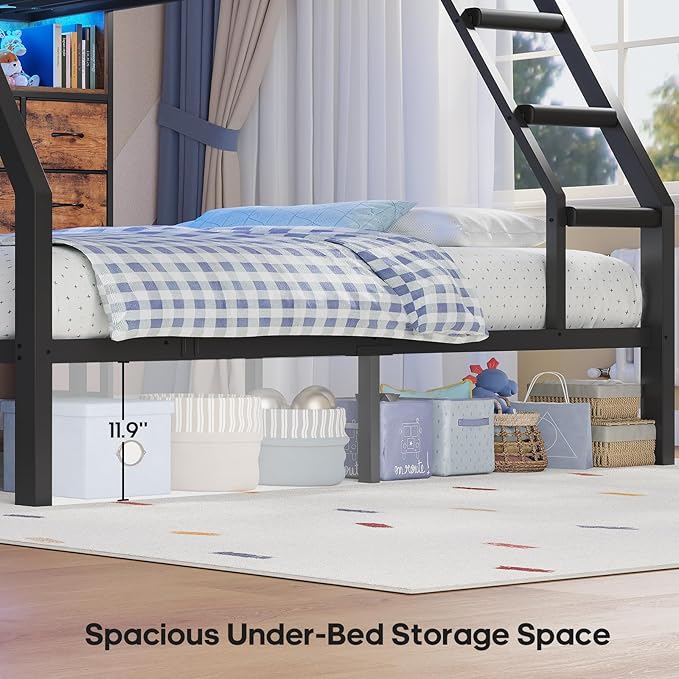 BTHFST Full Over Full Bunk Beds with 4 Storage Drawers & Shelves & Bedside Caddy, Bunk Bed with Charging Station & LED Lights, Full Size Bunk Bed with Safety Guardrail & Angled Ladder, Rustic Brown