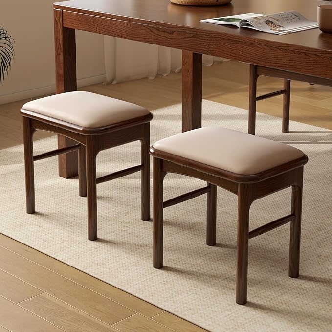 17.7'' Leather Upholstered Dining Ottoman with 100% Solid Oak Wood Ottoman Frame, Small Padded Foot Rest Stool Bench for Dining Kitchen Entryway, Champagne