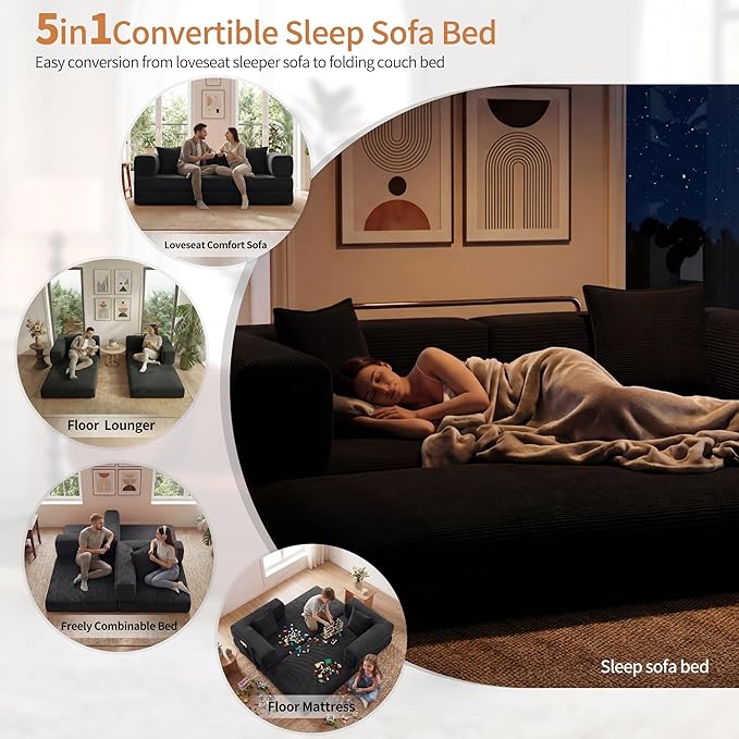78.8" Convertible Sofa Bed with Armrest Pillow, 4-in-1 Sleeper Couch Bed for Livingroom, Modular Corduroy Boneless couches, No Assembly (Black)