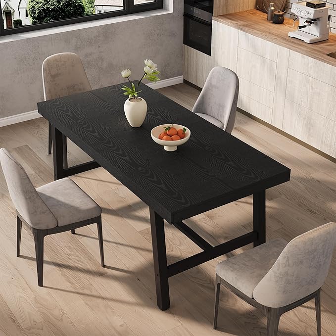GarveeHome Industrial Dining Table for 4-6 People, 63" Long Large Kitchen Table with Sturdy Metal Frame, Rectangular Counter for Dinner, Kitchen, Dining Room (Black, 63" Non-extendable)