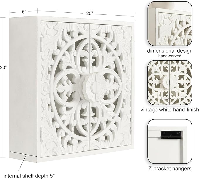 Kate and Laurel Saanvi Traditional Carved Wood Wall Cabinet; 20 x 6 x 20; White; Dimensional Over The Toilet Storage Cabinet for Bathroom Storage and Display