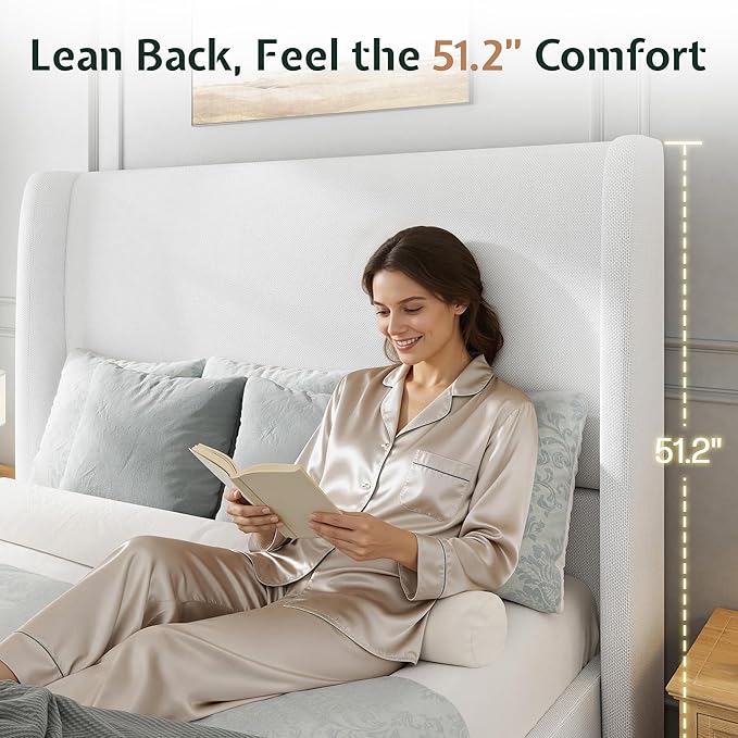 Jocisland King Size Bed Frame 51.2" Wingback Headboard Linen Upholstered Platform Bed,Solid Wood Legs & Wooden Slats,No Box Spring Needed,Noise-Free,for Family Master Suite Cozy Home,White