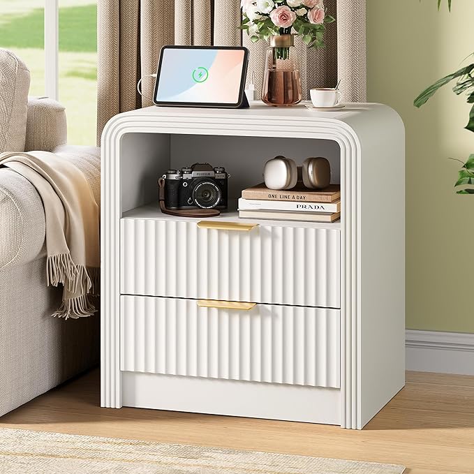 Decofy Fluted Nightstand with Charging Station, 19.7'' Wide Morden End Table with USB/Type-C Ports, 2 Drawers & Open Shelf, Curved Profile Design, Wood Bedside Table for Bedroom (White)