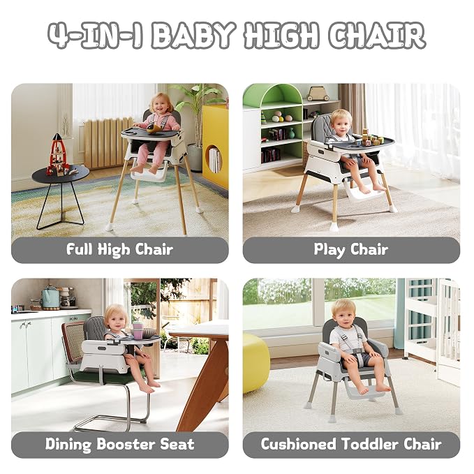 4 in 1 Baby High Chair for Babies and Toddlers, Foldable & Portable Convertible Booster Seat, Adjustable Tray & Footrest, Lightweight, Stable, Easy to Clean, Grey