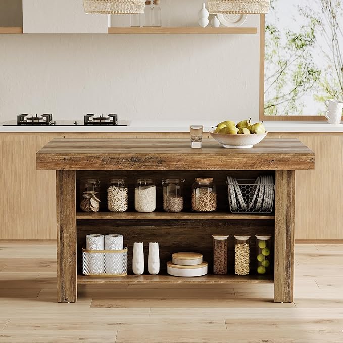 LITTLE TREE 55 Inches Kitchen Island with Storage, 3-Tier Farmhouse Wooden Stationary Island Table with Large Worktop & Leg Room, Modern Coffee Bar Table with Storage Shelf for Kitchen, Rustic Brown