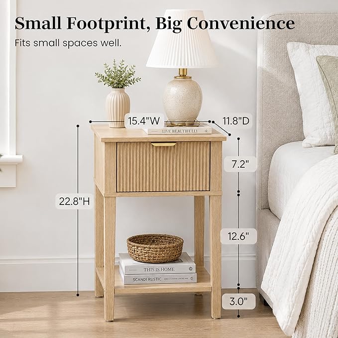 Modern Fluted Small Wood Nightstand, 11.8" Deep x 15.4" Narrow Bedside Table with Drawer & Open Shelf, Boho Scandinavian Accent End Table for Bedroom & Sofa - Oak