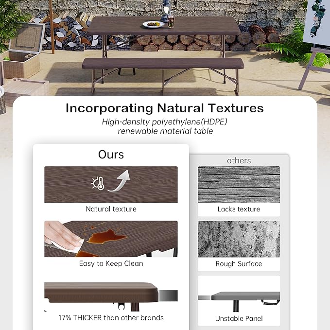 VSOAEIL 6 Foot Folding Bench, Portable Plastic Folding Bench Seat, Foldable Seat for Indoor Outdoor Picnic Camping Dining, Soccer Garden Multipurpose Entertaining Activities, Brown, 1 Pack