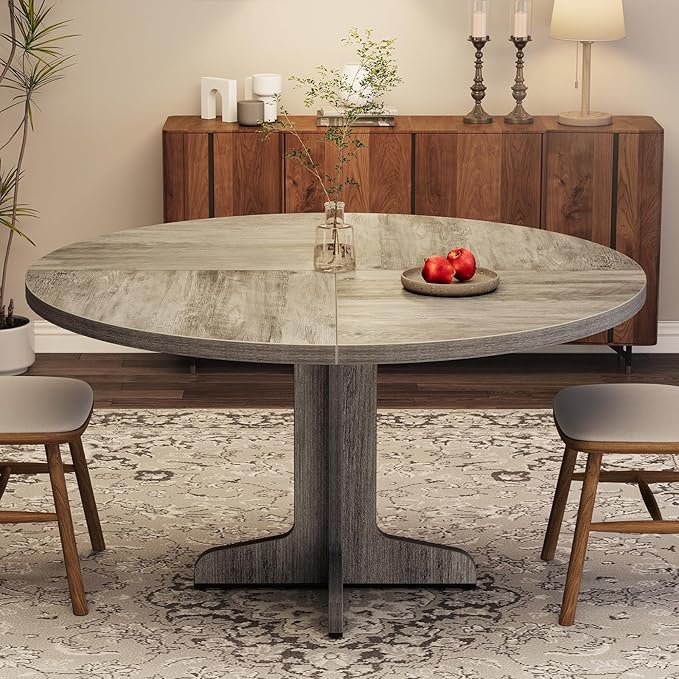 IDEALHOUSE Round Dining Table for 4, 47 Inches Dining Room Table with Wooden Base, Circle Kitchen Dinner Table for Dining Room, Kitchen, Living Room (Table Only), Grey