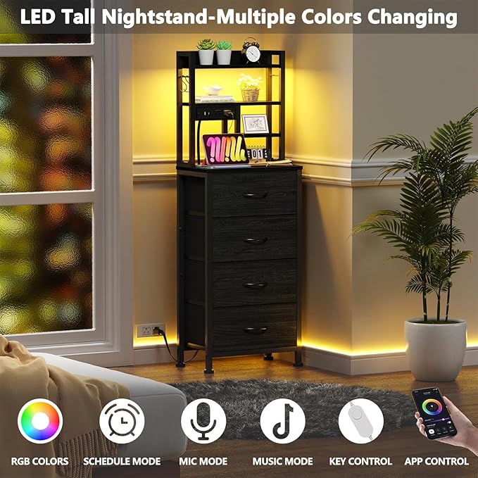 Furnulem Nightstands Set of 2, Tall Night Stand with Charger Station and USB Ports, 4 Fabric Drawers and Led Lights, Bed Side Table for Bedroom/Dorm/Office, Black Oak