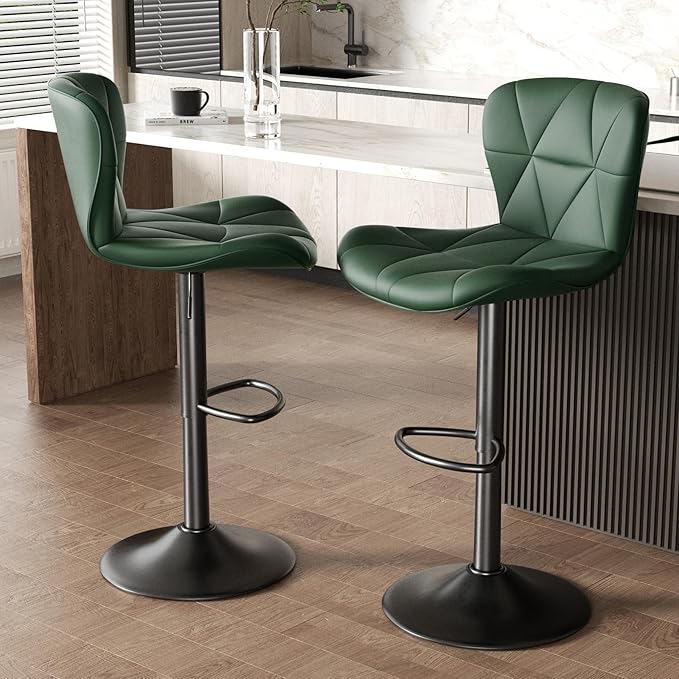Nalupatio Modern Bar Stools Set of 2, Adjustable Faux Leather Upholstered Swivel Bar Stools, Counter Height Bar Chairs with Back for Kitchen Island, Green