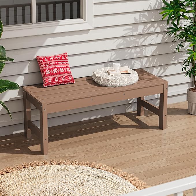 SERWALL 47 Inches Outdoor Bench, All Weather HDPE Backless Bench with Wood Grain Texture for Garden Porch and Park, Curved Bench Seat for Comfort, Brown