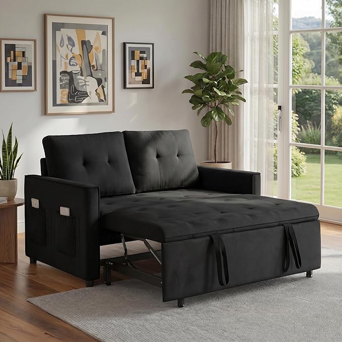 Convertible Sofa Bed, Pull Out Couch with Side Pockets, 3 in 1 Velvet Fabric Loveseat Sleeper Sofa Bed, Pull Out Couch with Adjustable Backrest for Living Room, Bedroom, Apartment, Light Gray