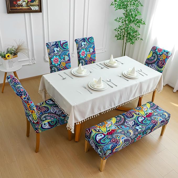 FORCHEER 4 Chair and Bench Covers for Dining Chairs Waterproof Boho Dining Room 4 Piece Kitchen Chair Slipcovers with Bench Seat Cover Set Washable