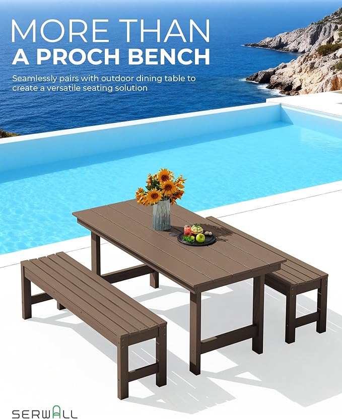 SERWALL 47 Inches Outdoor Bench Set of 2, All Weather HDPE Backless Bench with Wood Grain Texture for Garden Porch and Park, Curved Bench Seat for Comfort, Coffee
