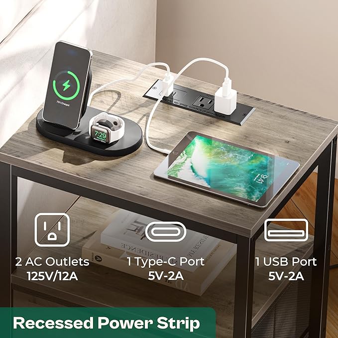 Huuger Nightstand with Charging Station, Fabric Drawers, End Table with Open Shelf, Bedside Table with USB Ports and Outlets, Night Stand for Bedroom, Oak