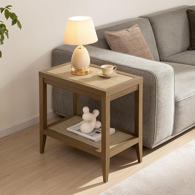 SICOTAS Rattan Night Stand Bedside Table - Farmhouse Boho Narrow End Table for Living Room - Accent Side Table with 2 Open Storage Shelves for Bedroom, Small Spaces