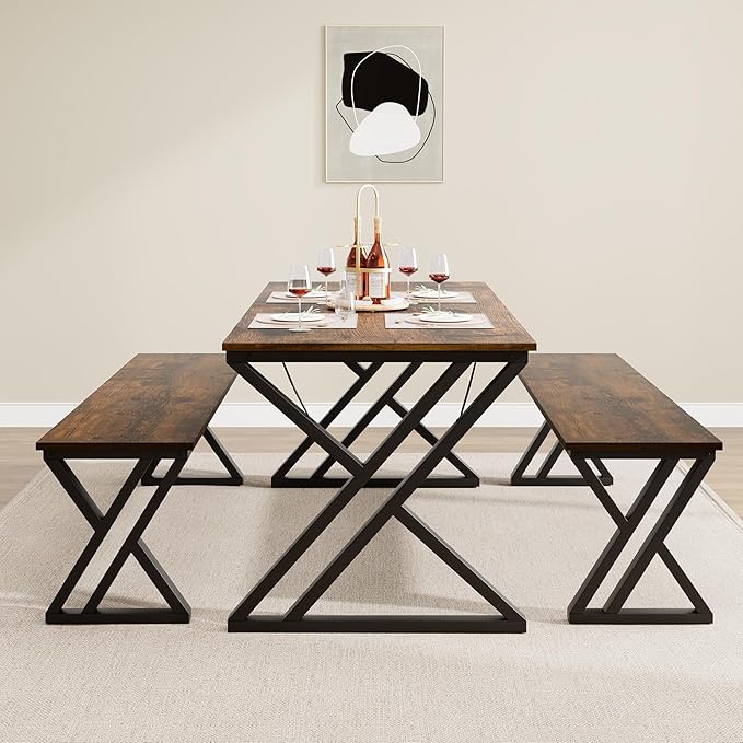 GarveeHome Kitchen Table with 2 Benches, Dining Table Set for 4, Saving Space Dining Room Table Set for Kitchen, Dining Room, Apartment, Sturdy Metal Frame, Vintage Brown