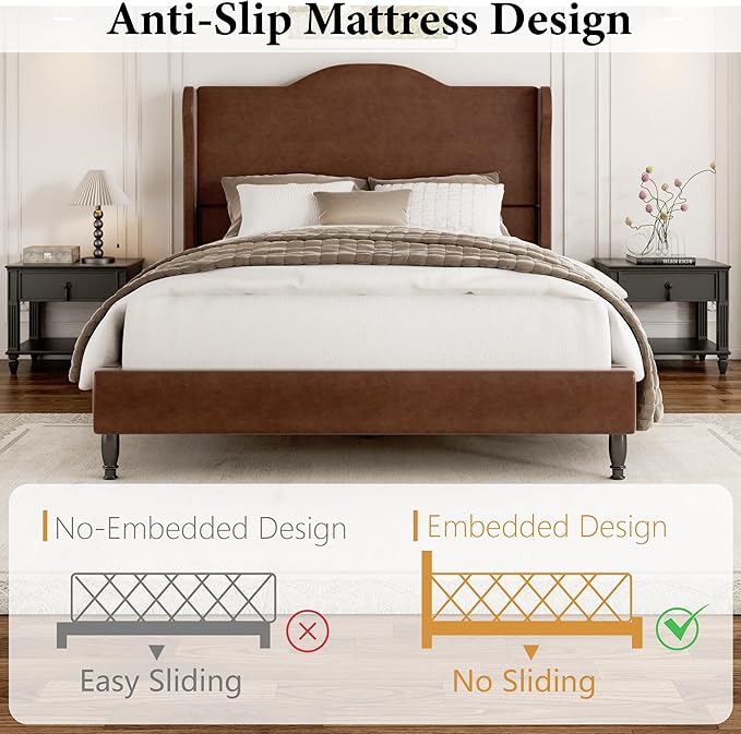 Full Upholstered Bed Frame with Tall Headboard, Leather Platform Bed Frame with Wingback Sides, Wood Slats Support, Noise-Free Design, No Box Spring Required, Easy Assembly, Dark Brown