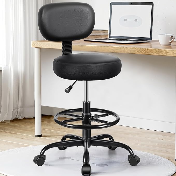 Brick Attic Drafting Chair with Backrest – Adjustable Foot Rest Rolling Stool with Wheels, PU Leather Swivel Stool for Office Spa Studio Lab Counter Salon Home Work Bar Kitchen Shop(Black), Pack of 5