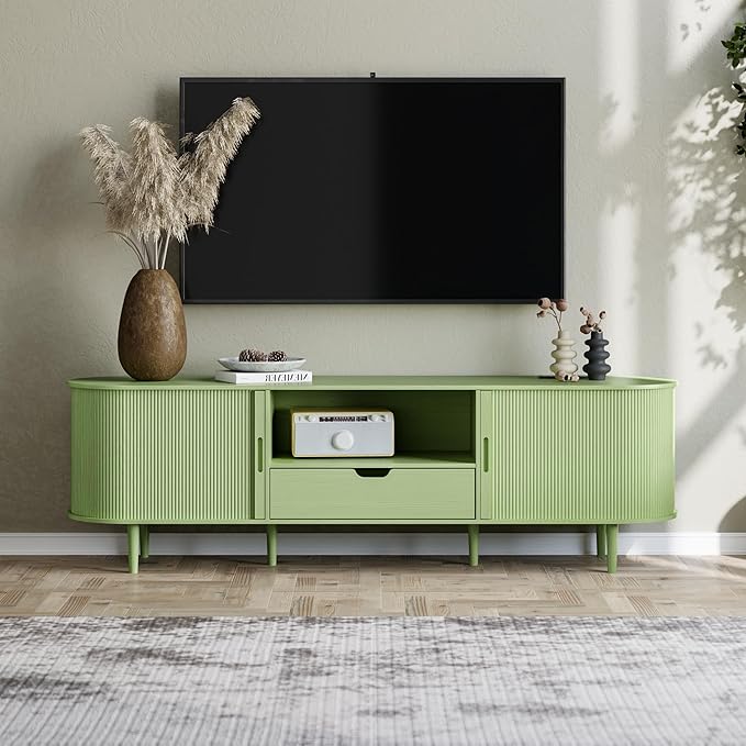 DHH 71" Fluted TV Stand with Power Outlet for TVs up to 80", TV Console with Adjustable Shelves and Sliding Door,Mid Century Modern Entertainment Center for Living Room,Bedroom (Green, 71Inch)
