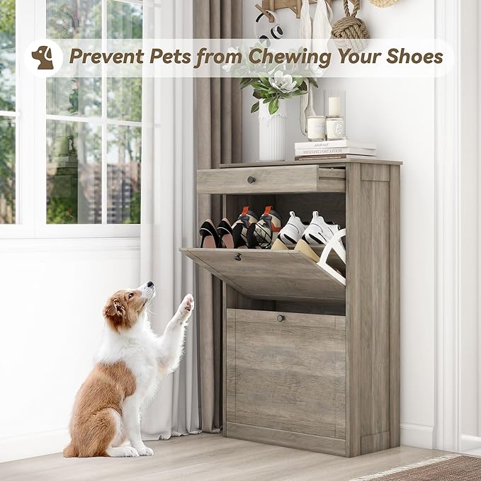 FTZxHKLX Shoe Cabinet with 2 Flip Drawers, Narrow Freestanding Shoe Storage Organizer, Slim Wooden Hidden Shoe Rack for Front Door Entrance, Closet, Hallway, Living Room, Rustic Gray