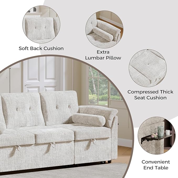 Convertible Sleeper Sofa Bed, 63 Inch Chenille Pull Out Couch with Side Table & Adjustable Backrest, Sectional Sleeper Sofa with Pull Out Bed for Living Room, Apartment, Beige