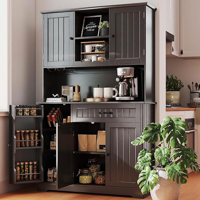 Gizoon Kitchen Pantry Cabinet with Countertop Kitchen Hutch Storage Cabinet 67.7" Tall Pantry Coffee Bar with Storage for Dining Room and Craft Room, Painted Black
