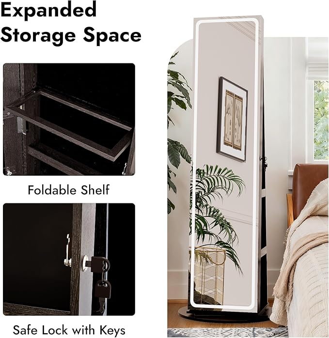 Zamildon's LED Mirror Jewelry Armoire, 360° Swivel Full Length Mirror Cabinet, Freestanding Mirrored Jewelry Organizer with LED Lights and Storage Shelves, Black
