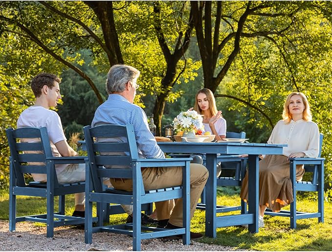 SERWALL Patio Table Set, Outdoor HDPE Dining Furniture with Umbrella Hole, All Weather for Lawn, Garden, Backyard, Poolside, Blue | with Umbrella Hole