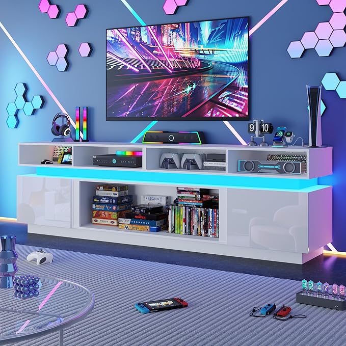 chartustriable LED TV Stand for 100 Inch TV, Modern Tall Entertainment Center with Power Outlets, High Gloss TV Stand, Gaming TV Media Console for Living Room, 93 Inch, White