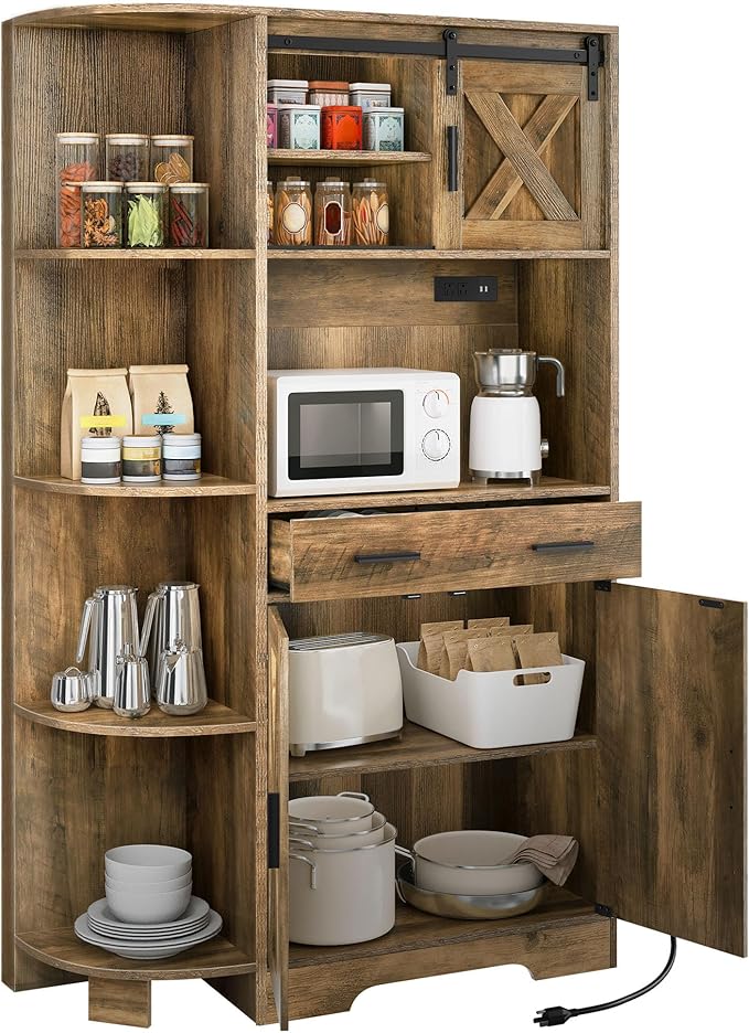 YITAHOME 67" Farmhouse Kitchen Pantry with Power Outlet, Sliding Barn Door Storage Cabinet w Charging Station, Freestanding Hutch with Shelves & Drawer, Microwave Stand Cupboard for Dining Room, Oak