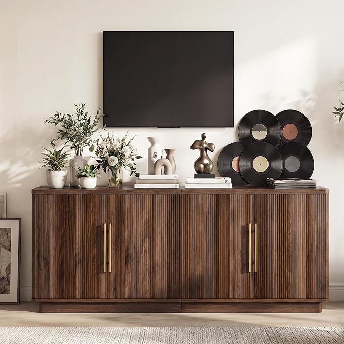 YITAHOME TV Stand for TVs up to 80 Inches, Media Console with 4 Fluted Doors, 70" Entertainment Center with Ample Storage for Living Room(Natural Oak)
