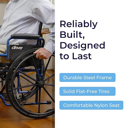 Drive Medical Blue Streak Lightweight Wheelchair - Portable Folding Mobility Aid - Swing-Away Footrests - Desk Arms - Durable Steel Frame - Easy Transport & Storage - 18-Inch Seat
