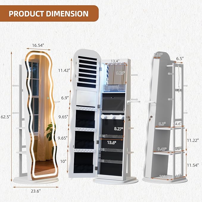 Vlsrka LED Mirror Jewelry Cabinet Standing, 360° Swivel Jewelry Aromire Organizer with Wavy Mirror, Lockable Jewelry Mirror with Storage, Jewelry Cabinet, Interior Mirror, Foldable Shelf (LED White)
