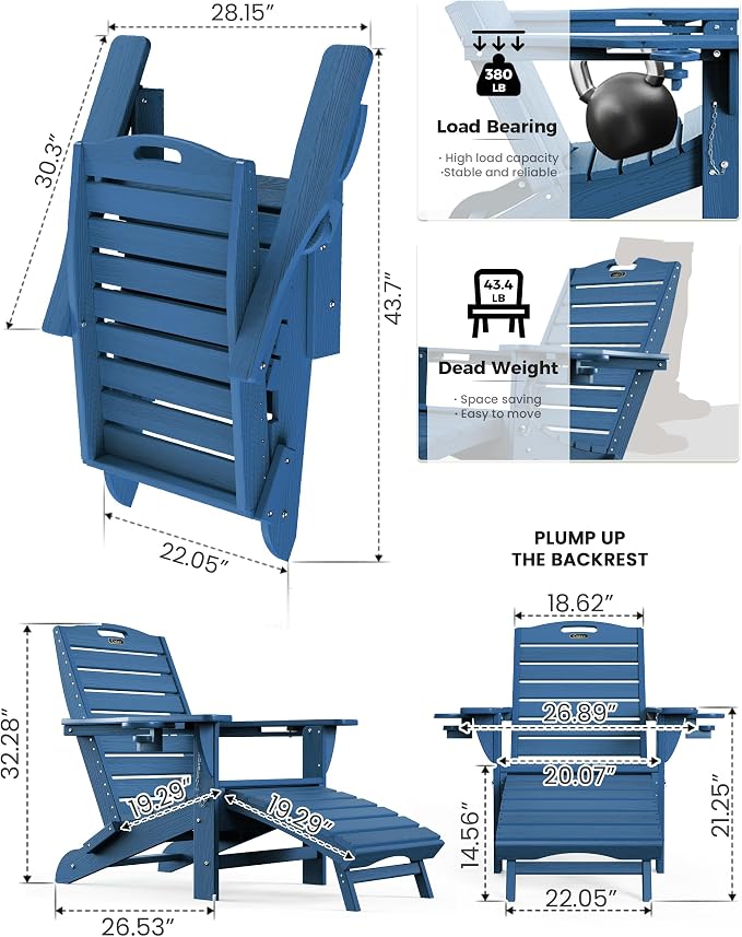 Ciokea Folding Adirondack Chair Set of 4 with Retractable Ottoman Fire Pit Patio Chair with Pull Out Foot Rest Weather Resistant Lawn Outdoor Chair with 2 Cup Holder (Navy Blue)