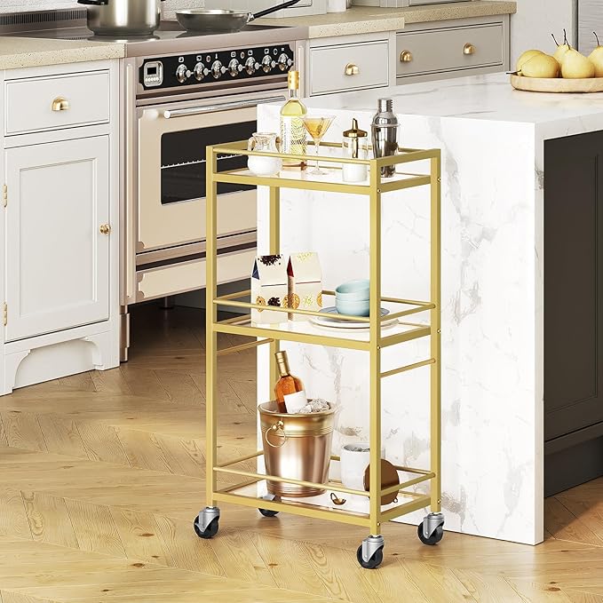 MAHANCRIS Bar Cart for The Home, 3-Tier Drink Cart on Wheels, Home Bar Serving Cart, Mini Bar Cart for Small Space, Kitchen, Dining Room, Gold RCJ40B01