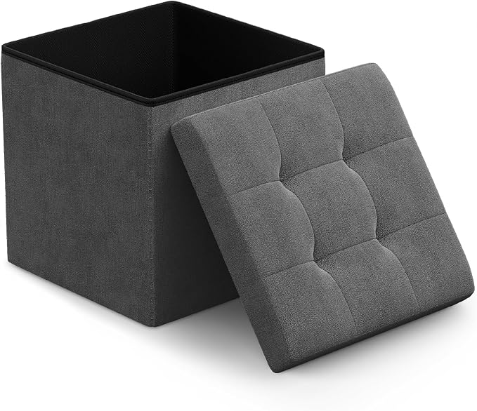 Athena Collection Line Square Ottoman with Storage, 15 Inch Small Storage Ottoman, Multipurpose Footstool Foot Rest for Living Room, Bedroom, Dorm, Dark Grey