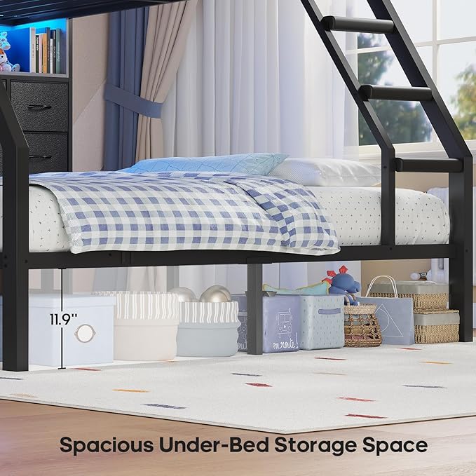 BTHFST Full Over Full Bunk Beds with 4 Storage Drawers & Shelves & Bedside Caddy, Bunk Bed with Charging Station & LED Lights, Full Size Bunk Bed with Safety Guardrail & Angled Ladder, Black & Grey