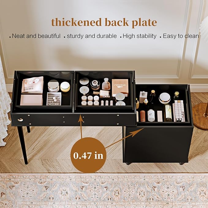 Ieejdn Black,Vanity Desk with Mirror and Lights,Makeup Vanity with Power Outlet and Adjustable Cabinet,Modern Makeup Table with 3 Drawers for Bedroom Makeup Room