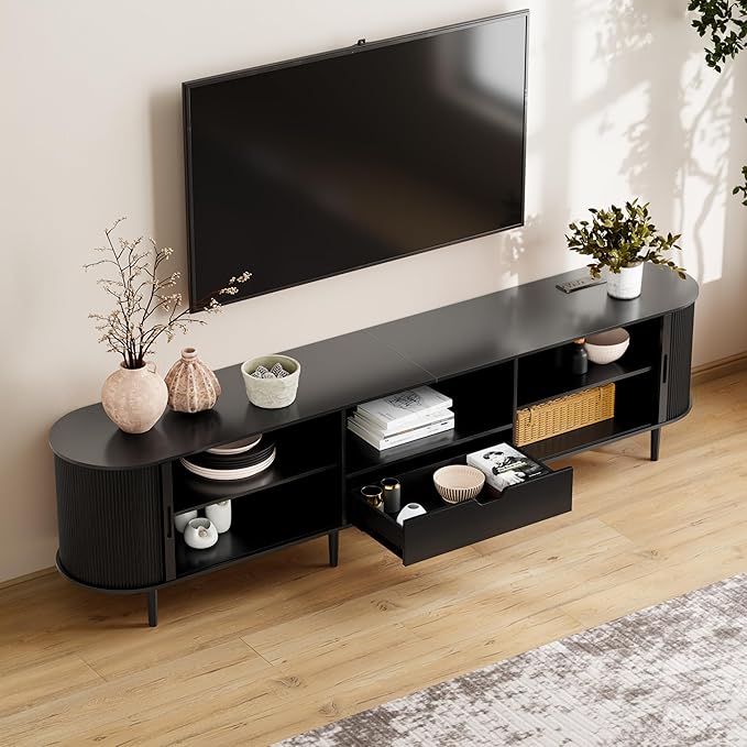 DHH 86.6" Fluted TV Stand with Power Outlet for TVs up to 90", TV Console with Adjustable Shelves and Sliding Door,Mid Century Modern Entertainment Center for Living Room,Bedroom (Black, 86.6Inch)