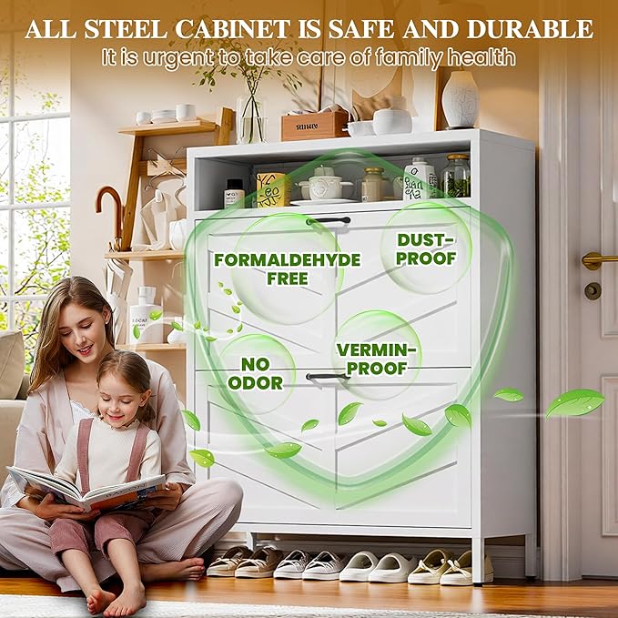 Metal Shoe Storage Cabinet with 2 Flip Drawers,White Shoe Organizer with Leg,Hidden Narrow Shoe Rack Cabinets Freestanding Farmhouse Slim Shoe Cabinet with Open Storage for Entryway Hallway Front Door