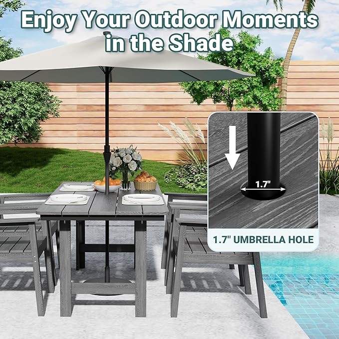 Pamapic 5-Piece Outdoor Dining Set, HDPE Outdoor Rectangular Table and 4 Chairs, Wood Grain Patio Furniture Sets with Armrest, All-Weather Patio Dining Table with Umbrella Hole, Gray