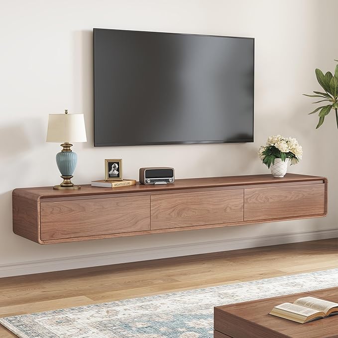 Floating TV Stand - Wall Mounted Mid Century Entertainment Center with 3 Storage Drawers, Modern Media Console Fits 65-100 Inches TV for Living Room (Walnut, 94.49", Wall Mounted (Floating))