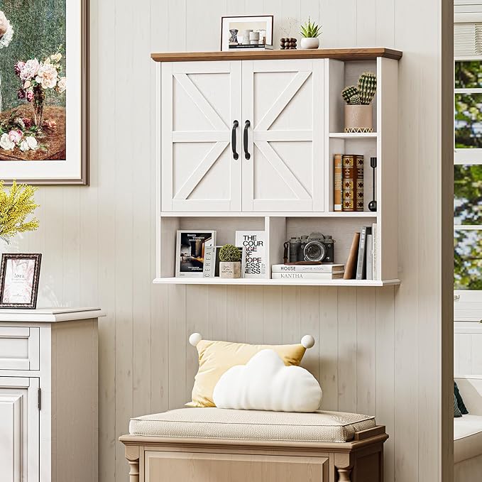 Bathroom Wall Cabinet, Farmhouse Medicine Cabinet with Double Barn Door and Adjustable Wood Shelf, Over The Toilet Storage Cabinet for Wall Mounted for Bathroom Laundry Room Kitchen (White and Brown)