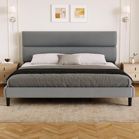 GRUSIGN King Size Platform Bed Frame with Velvet Headboard, Adjustable Height Wooden Slats Support, Upholstered Mattress Foundation, Fits Mattress or Mattress with Box Spring, Easy Assembly, Grey