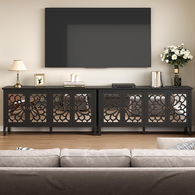 RoyalCraft 63'' Sideboard Buffet Cabinet with Storage, Accent Cabinet Credenza with 4 Doors and Adjustable Shelves, Vintage Media Console for Entryway, Living Room, Kitchen, Satin Black
